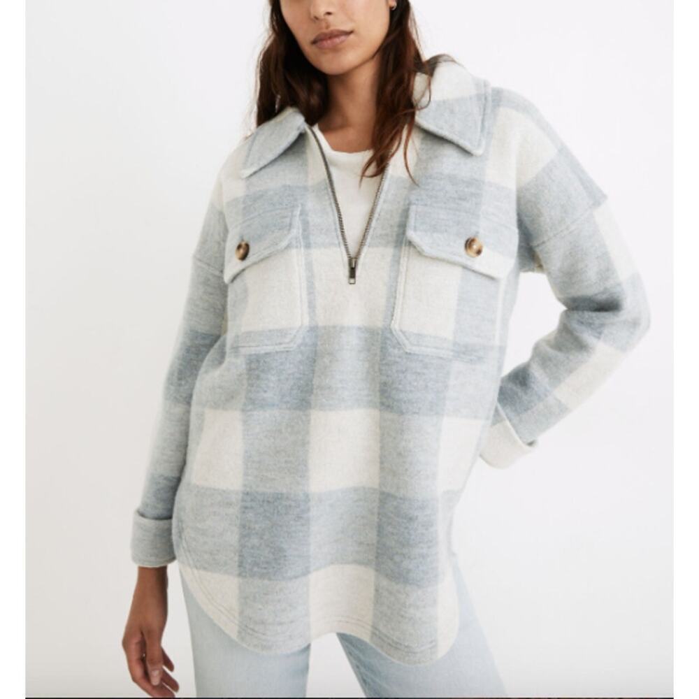 Madewell Boiled Wool Half Zip Popover Sweater Buffalo Check Heather Cream Sz.L